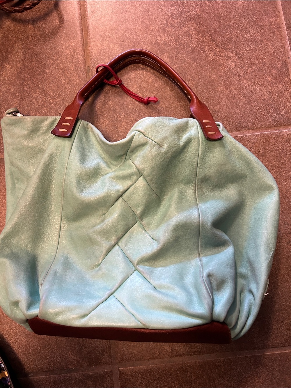 Mint Green Leather Tote with Brown Handle Trim